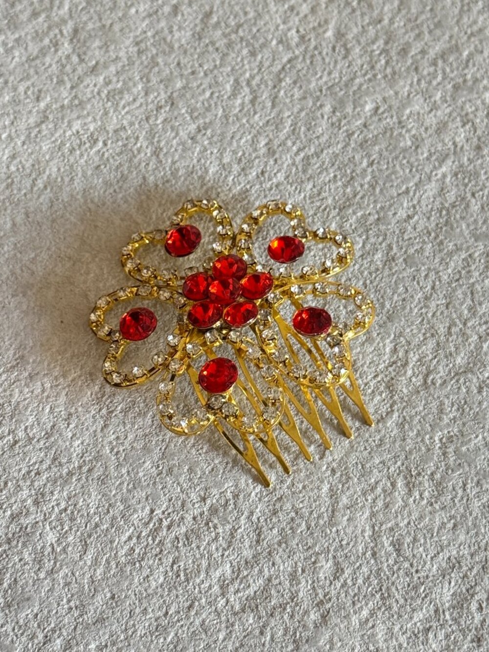Gold Red Crystal Floral Hair Comb